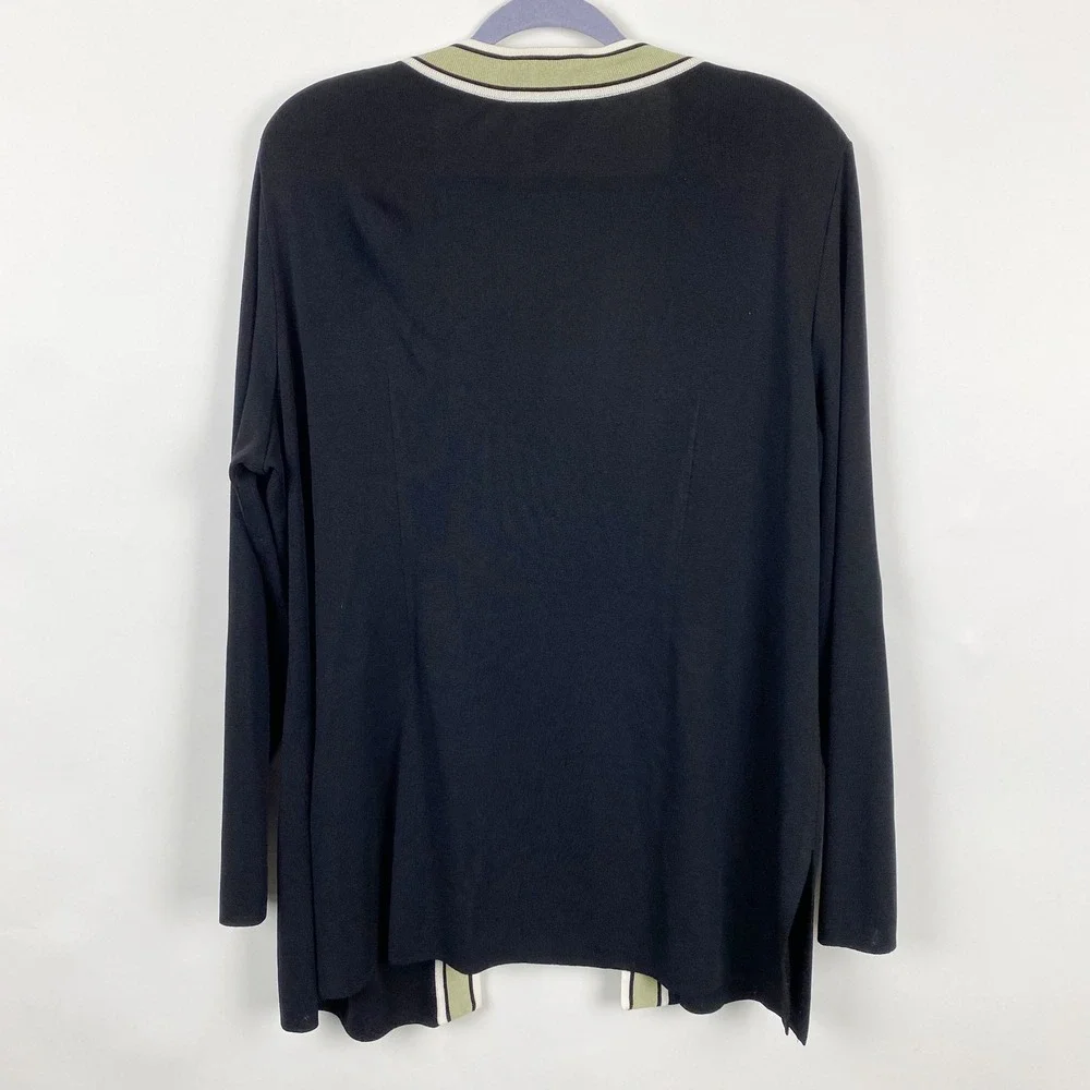 Misook Striped Trim Open Front Knit Cardigan Women 1X Black Sage Green